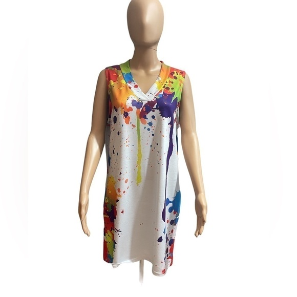Chicme Cotton Blend V Neck Dress Colorful Paint Splatter XL - Picture 3 of 10